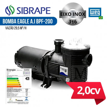  Bomba para piscina 2,0 cv Sibrape WEG EIXO INOX EAGLE A.I BPF-200