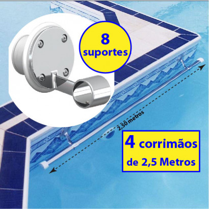 4 Corrimãos Barra para piscinas 2,5 metros + 8 suportes internos fixação - Sodramar