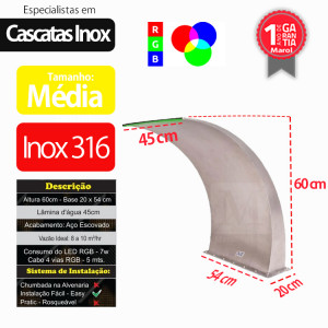 Cascata para Piscina Wave Media Aço Inox 316 com Led RGB