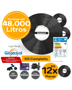 Kit Completo Aquecimento Solar para Piscinas até 48.000 Litros (12 PLACAS) Com CDT e Bomba 1,0 CV