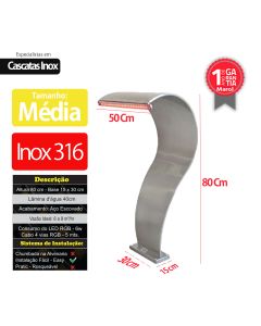 Cascata para Piscina Aço Inox 316 Canyon Média Com Led RGB