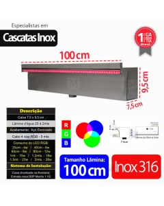 Cascata de Embutir p/ Piscina 100 cm Aço Inox 316 com Led RGB