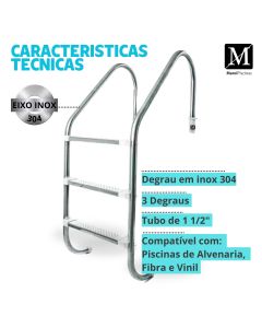 Escada Piscinas Tradicional 3 Degraus em Inox 304