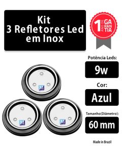 Kit 3 Leds para Piscina 9w Azul Inox 60mm