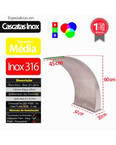 Cascata para Piscina Wave Media Aço Inox 316 com Led RGB