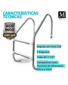 Escada Piscinas Tradicional 2 Degraus em Inox 316