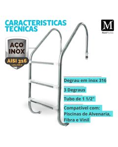 Escada Tradicional Piscinas em Inox 316 - 3 Degraus em Inox